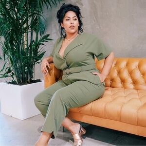 SONCY Olive Green Cross Over Jumpsuit With Belt